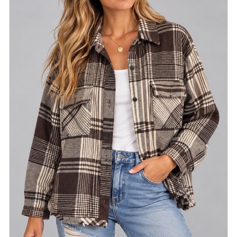 Vintage Havana Women Brown Plaid Button Up Shirt Cropped Distressed Size S